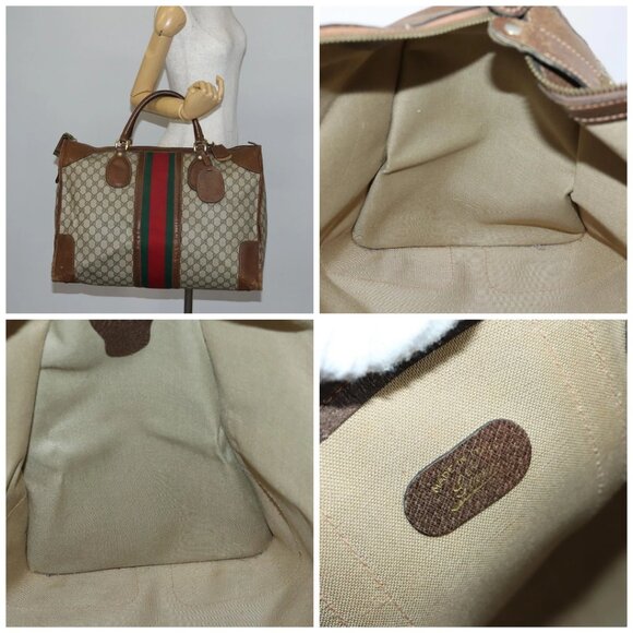 GUCCI GG Supreme Web Sherry Line Boston Bag PVC Beige Gold - Picture 16 of 16